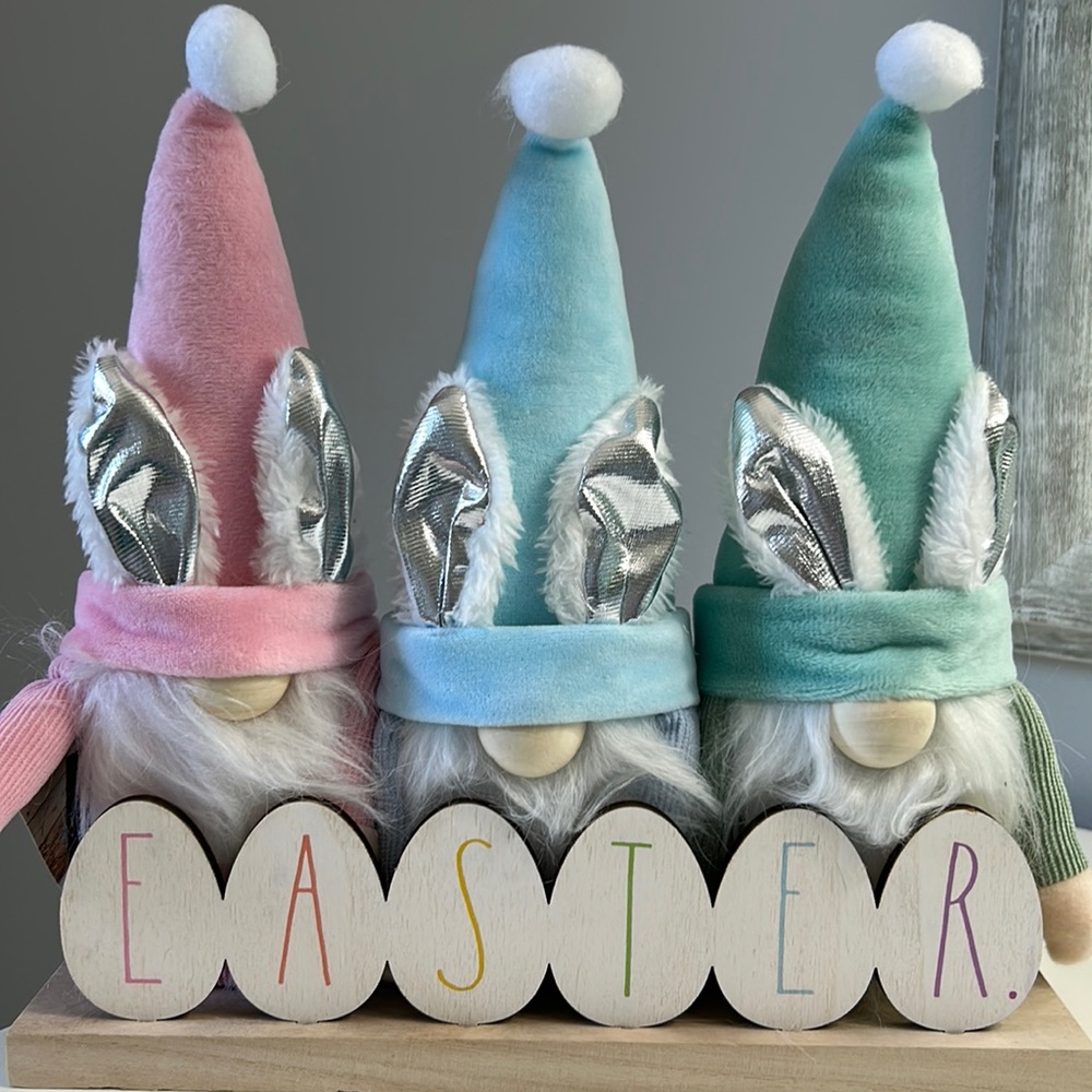 Rae Dunn Trio of Easter Gnomes on a wood base